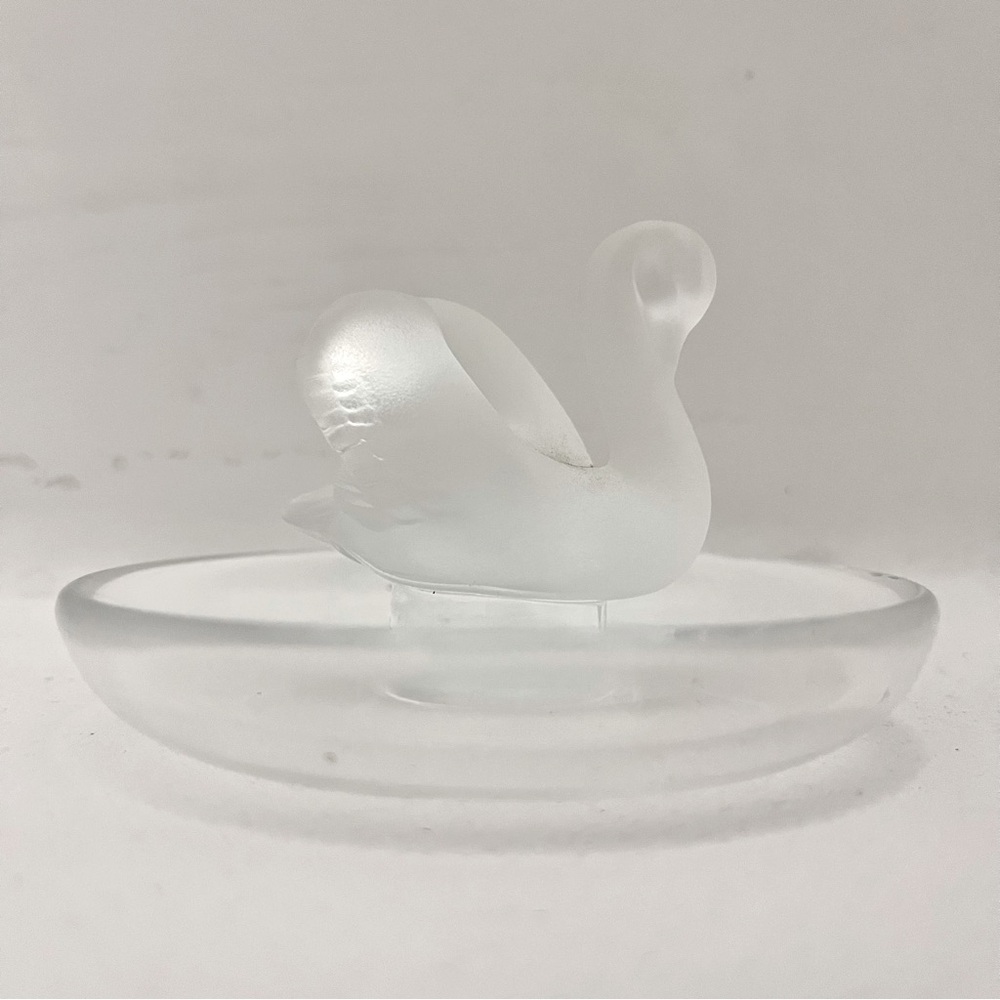 Vintage Signed Lalique Crystal Frosted Swan Ring Holder Trinket Dish